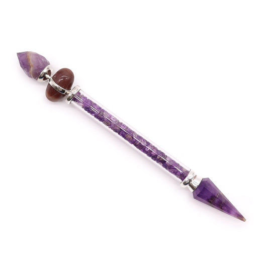 A smooth, rounded purple amethyst gemstone shiva lingam wand with unique natural crystal inclusions.