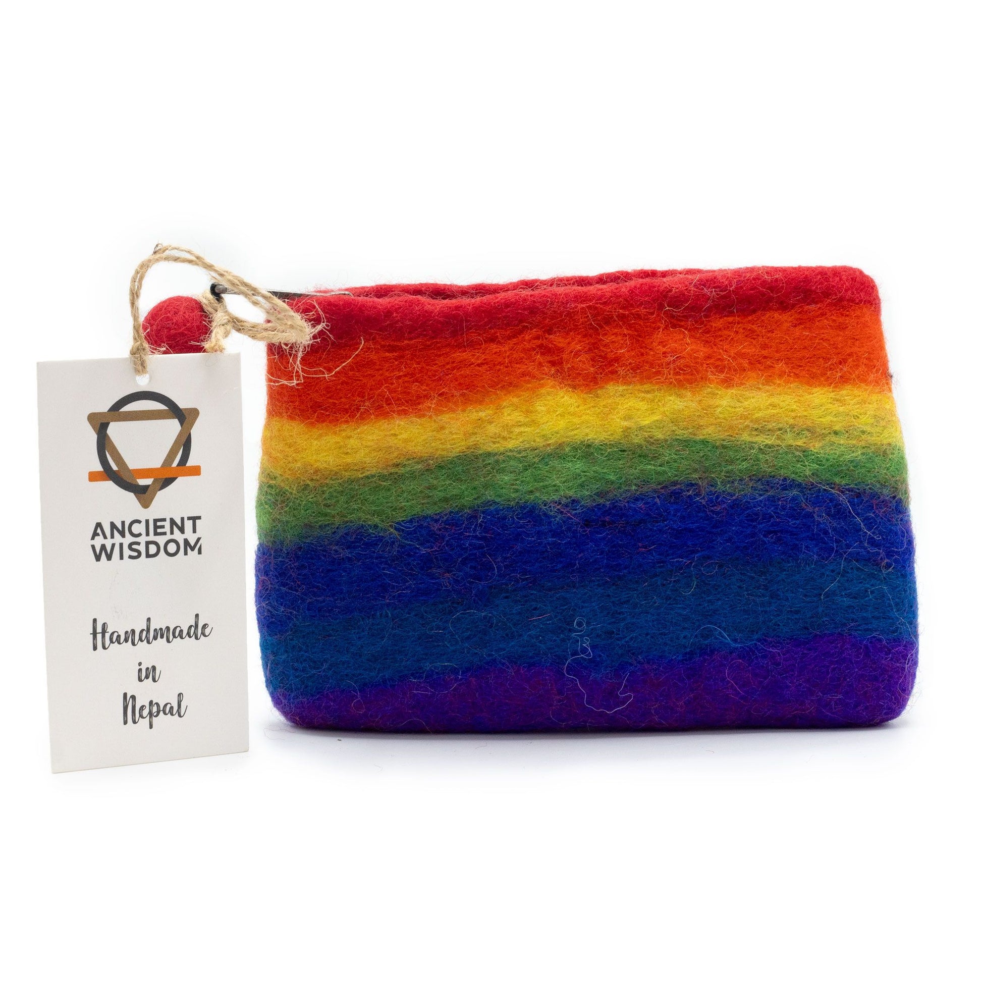 Handmade natural felt zipper pouch featuring a bright horizontal rainbow stripe design with a secure top zip.