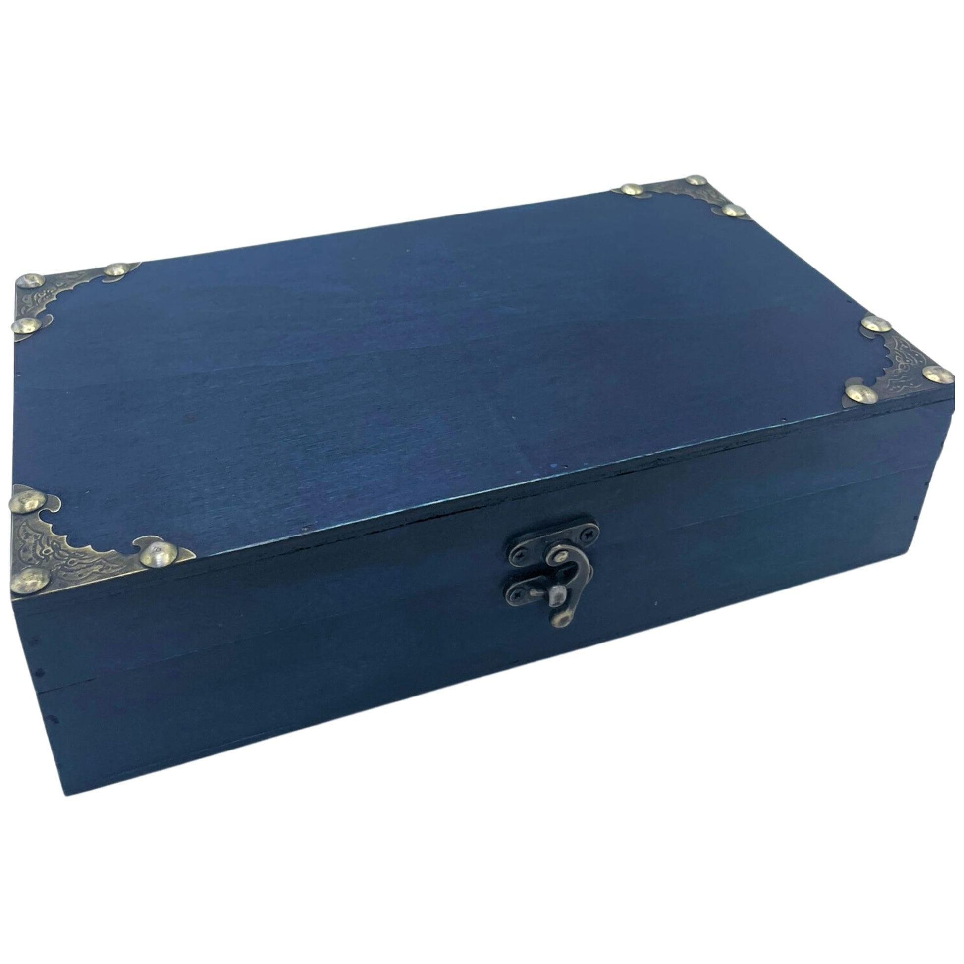 Elegant teal-coloured wooden storage box with a vintage-style finish and secure latch.