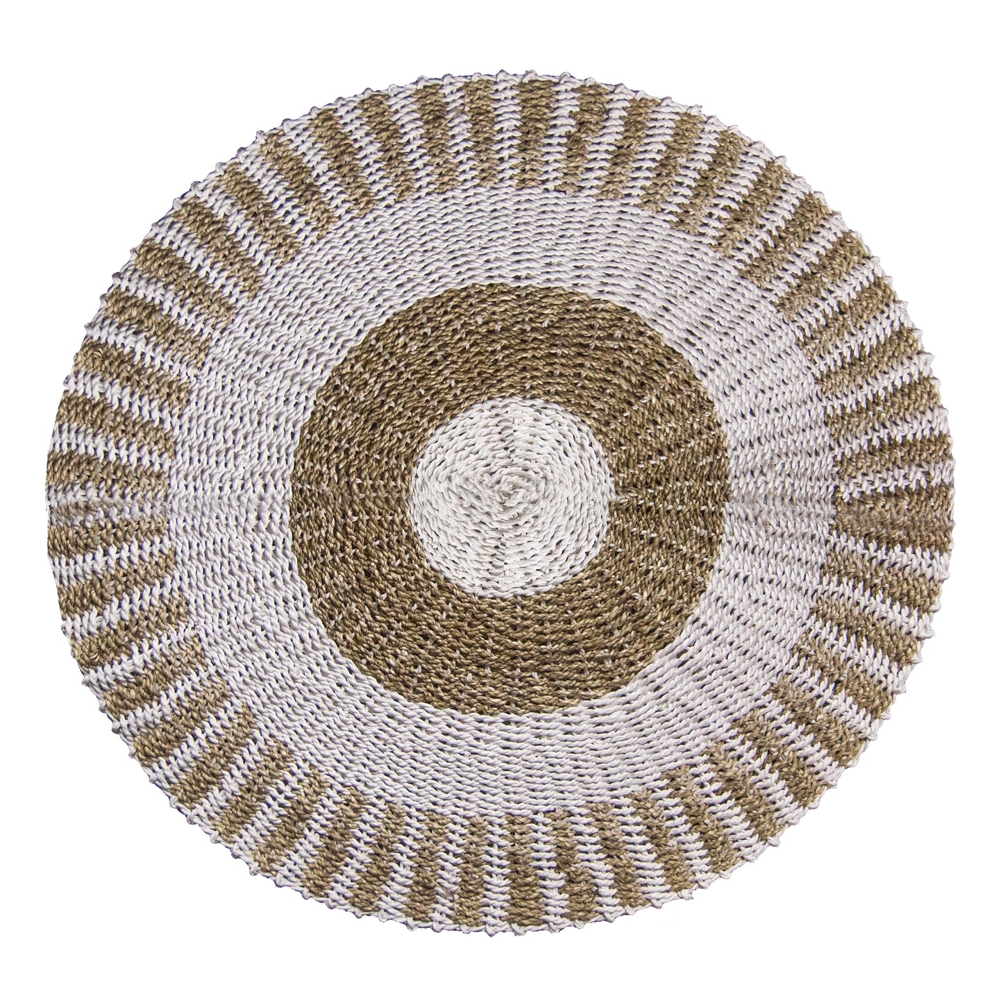 Round hand-woven seagrass rug featuring a decorative sun pattern in white and tan tones.