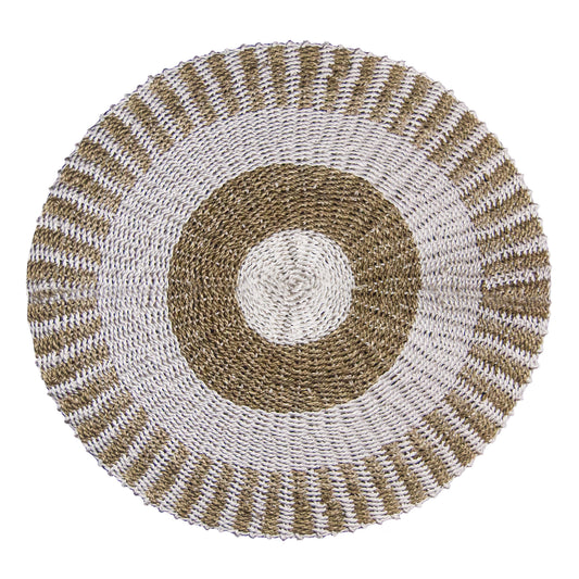 Round hand-woven seagrass rug featuring a decorative sun pattern in white and tan tones.