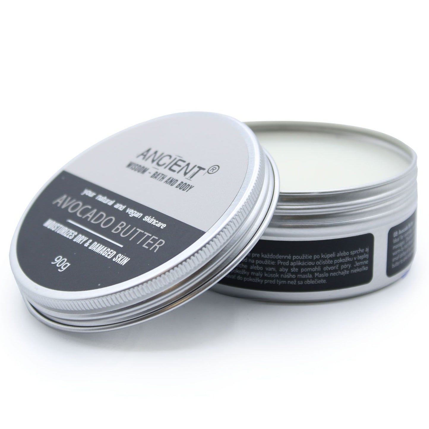A 90g jar of rich, creamy avocado body butter showing a smooth and thick texture.