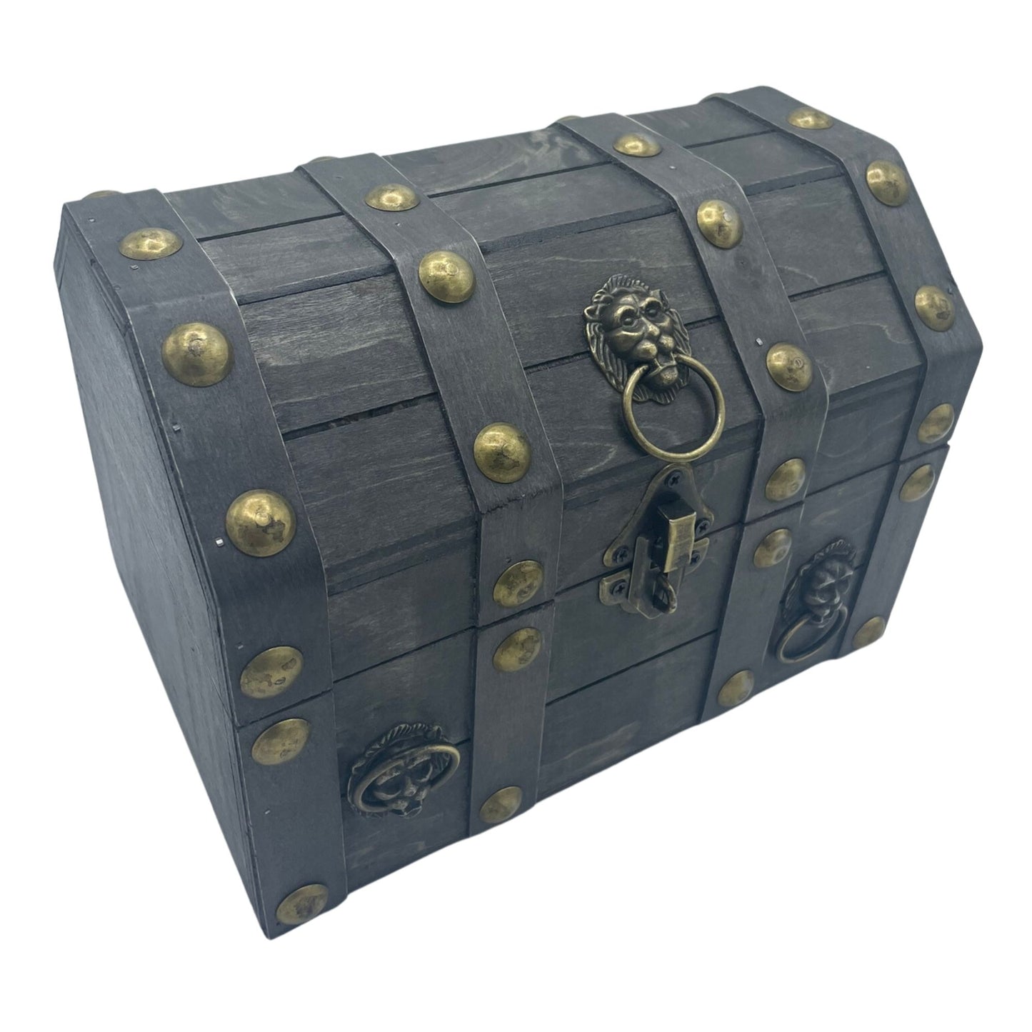 Large rectangular wooden treasure chest with a grey vintage finish and ornate metal latch.