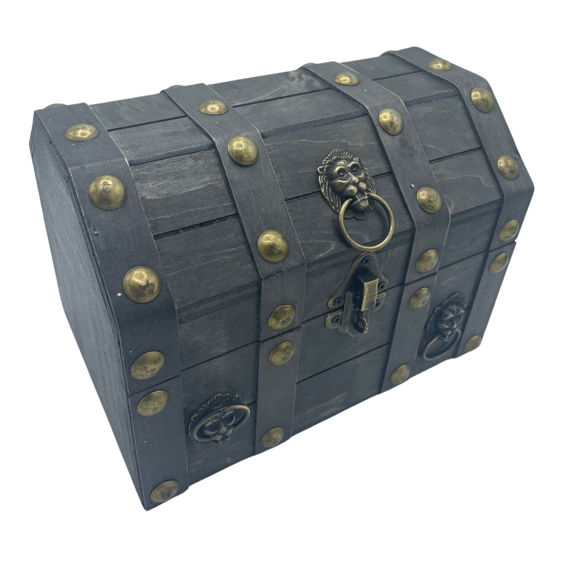 Large rectangular wooden treasure chest with a grey vintage finish and ornate metal latch.