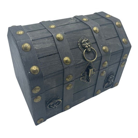 Large rectangular wooden treasure chest with a grey vintage finish and ornate metal latch.