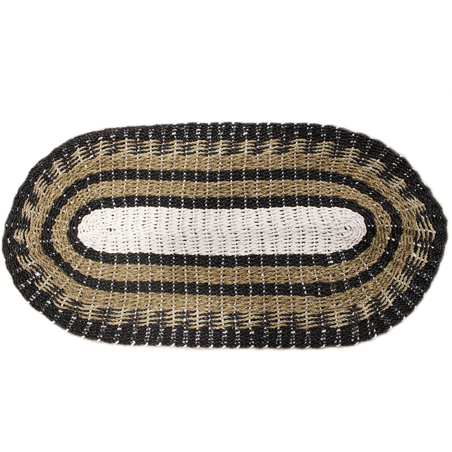 Oval seagrass rug featuring a woven pattern of black, white, and tan natural fibres.