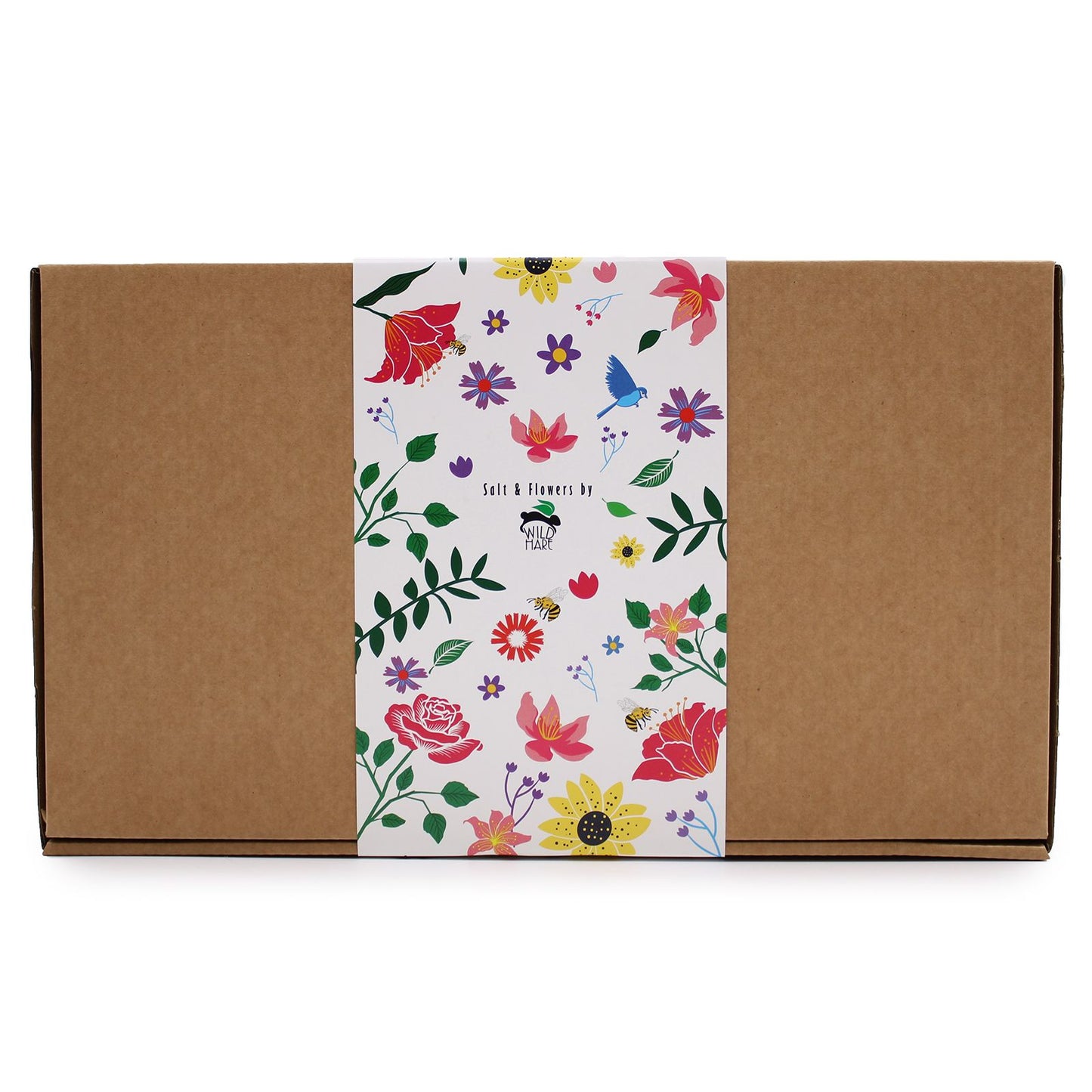 Elegant gift box containing a glass jar of herbal bath salts and eight delicate pink soap roses.