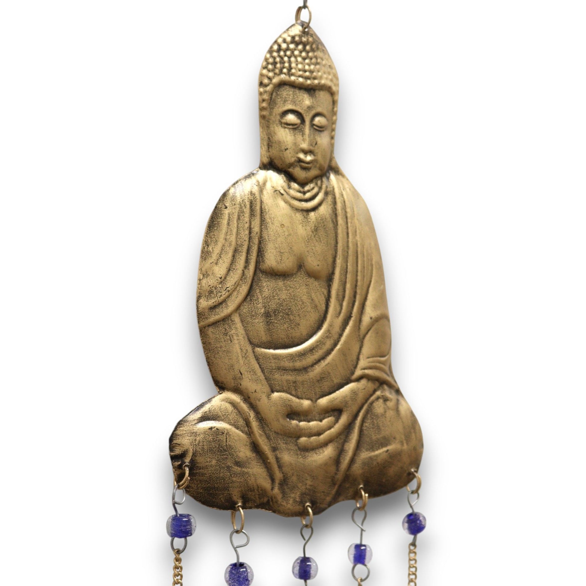 Detailed brass Buddha chime adorned with vibrant colourful beads and five hanging bells against a soft background.