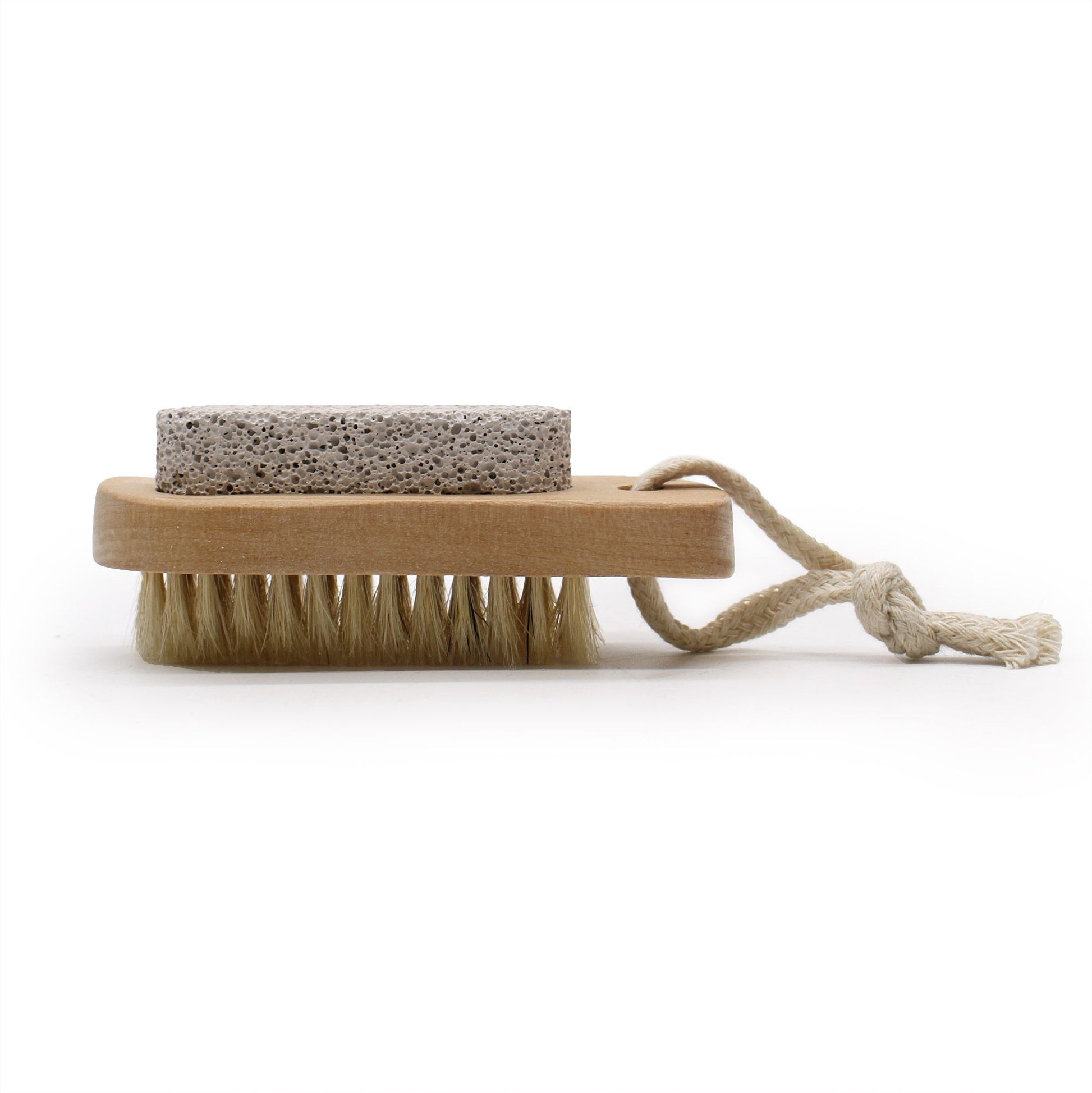 A natural dual-sided wooden body brush and pumice stone for skin exfoliation and smoothing.