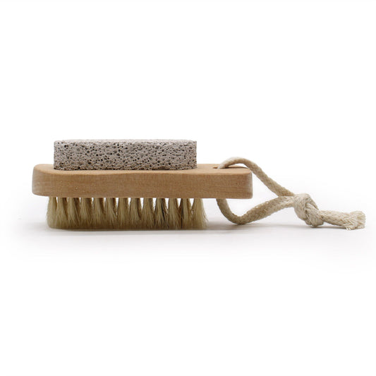 A natural dual-sided wooden body brush and pumice stone for skin exfoliation and smoothing.