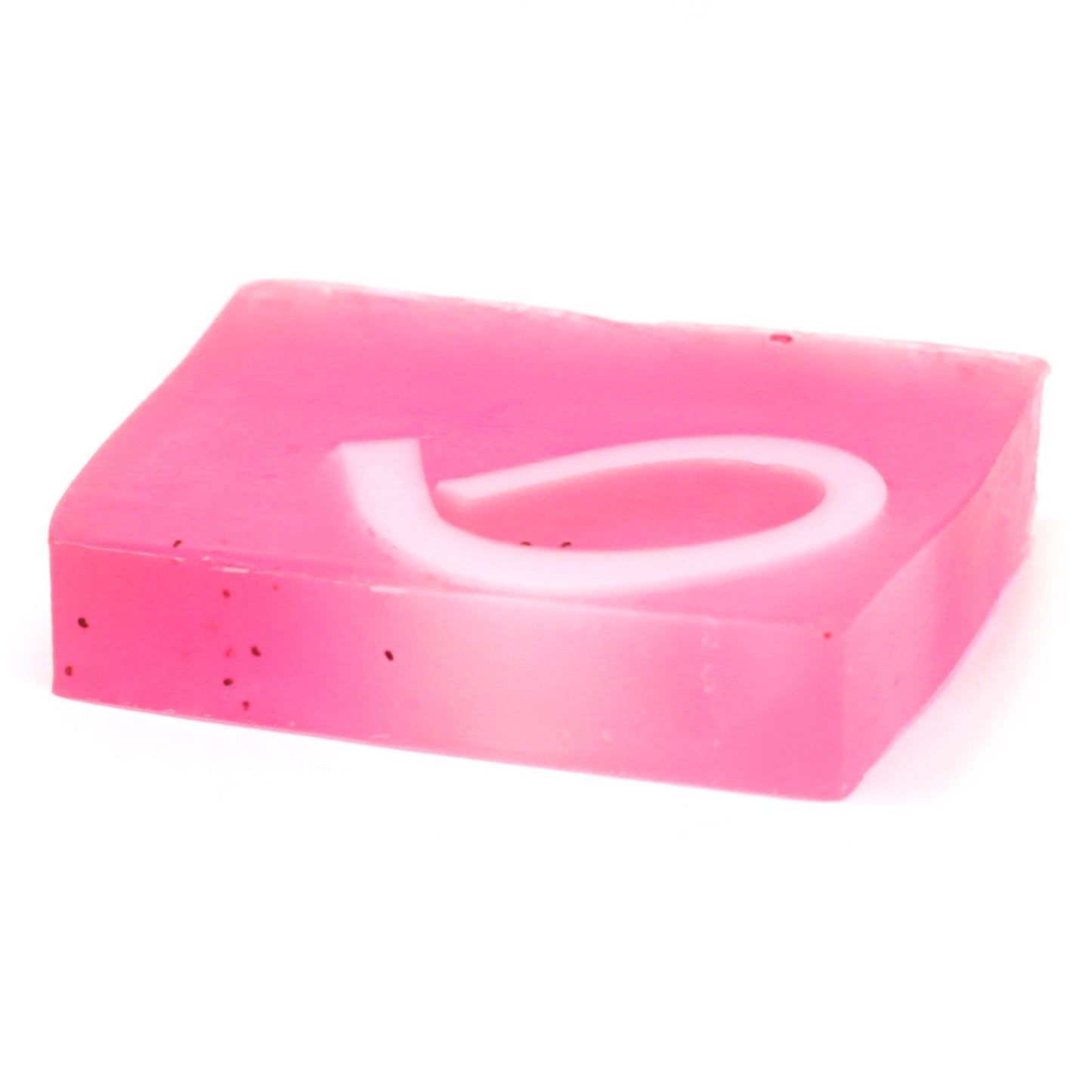 A textured artisanal soap bar with a rich pink hue and visible black pepper botanical inclusions.