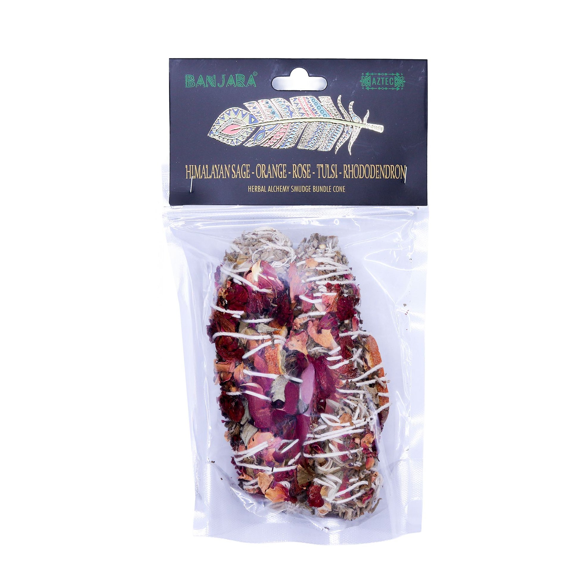 Handcrafted herbal smudge bundle with Himalayan sage, dried orange peel, pink rose petals, tulsi, and rhododendron leaves.