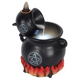 Detailed resin backflow burner featuring three cauldrons with silver-effect pentagrams and glowing LED light accents.