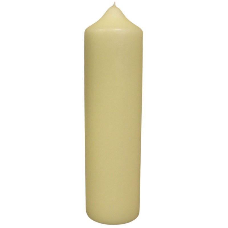 Large traditional ivory pillar church candle with a smooth finish and classic tall cylindrical shape.