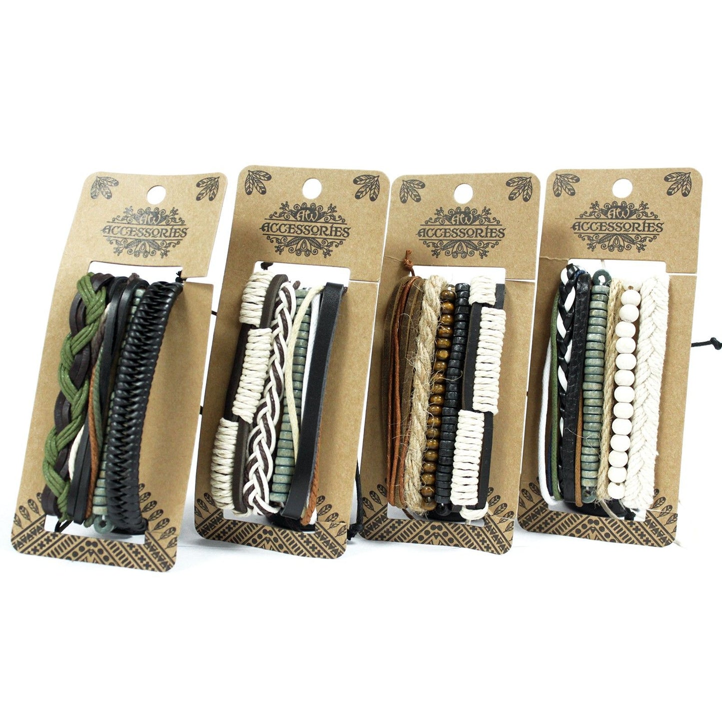 Set of men's bracelets featuring green and natural tones made from layered leather and decorative metal charms.
