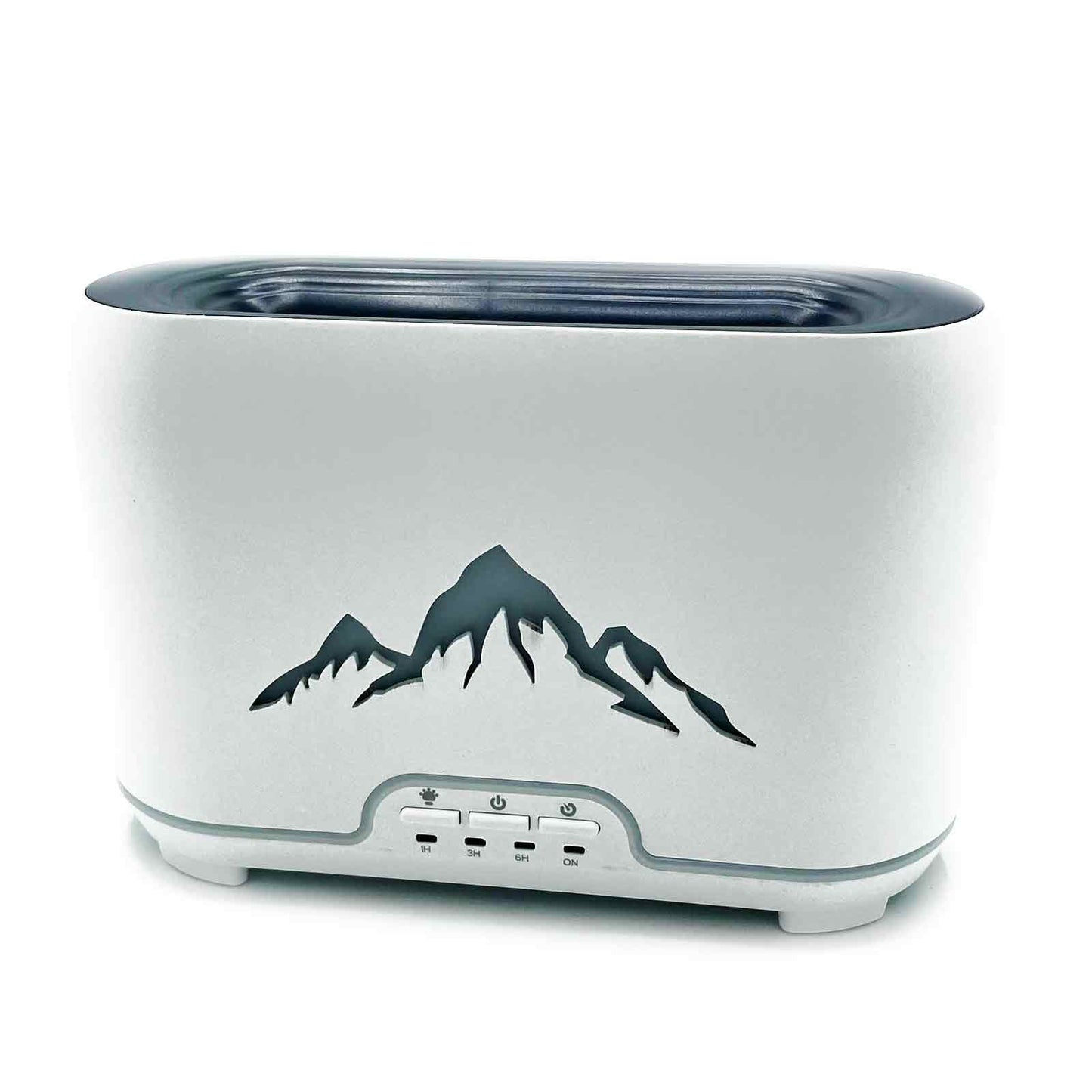 Modern ultrasonic aroma diffuser with a realistic flickering orange flame effect and sleek dark finish.