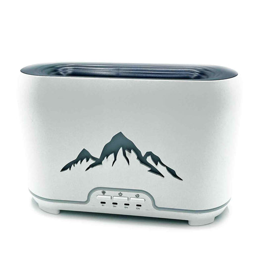 Modern ultrasonic aroma diffuser with a realistic flickering orange flame effect and sleek dark finish.