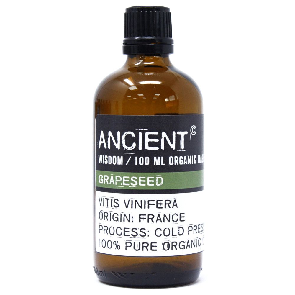 Clear 100ml glass bottle of pale green organic grapeseed base oil for massage and aromatherapy.