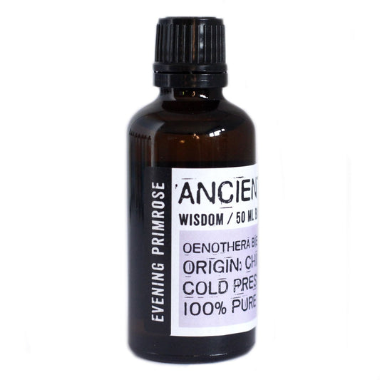 Golden yellow evening primrose oil in a 50ml amber glass bottle with a black dropper cap.