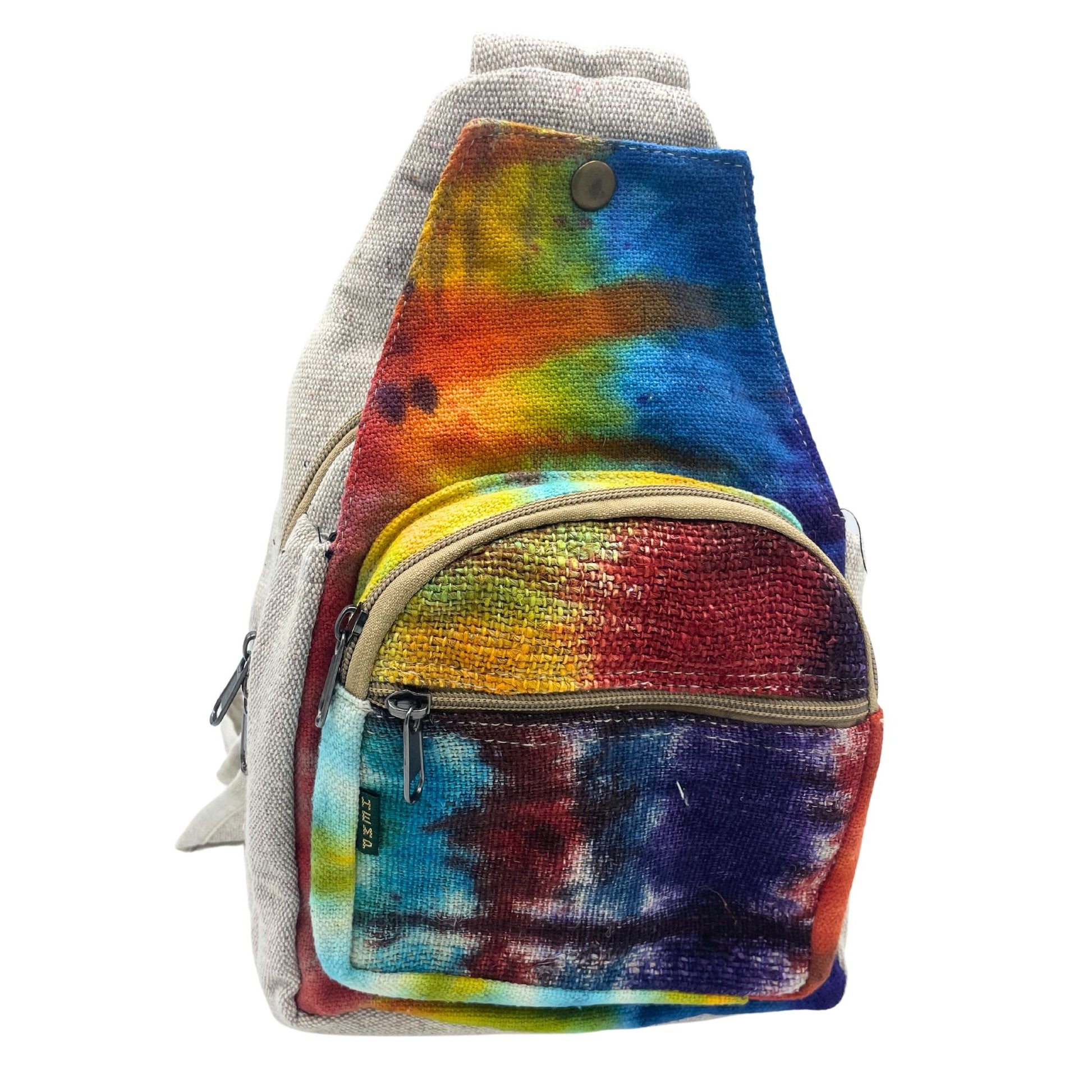 Bohemian style tie-dye hemp sling shoulder bag with vibrant patterns and a comfortable crossbody strap.