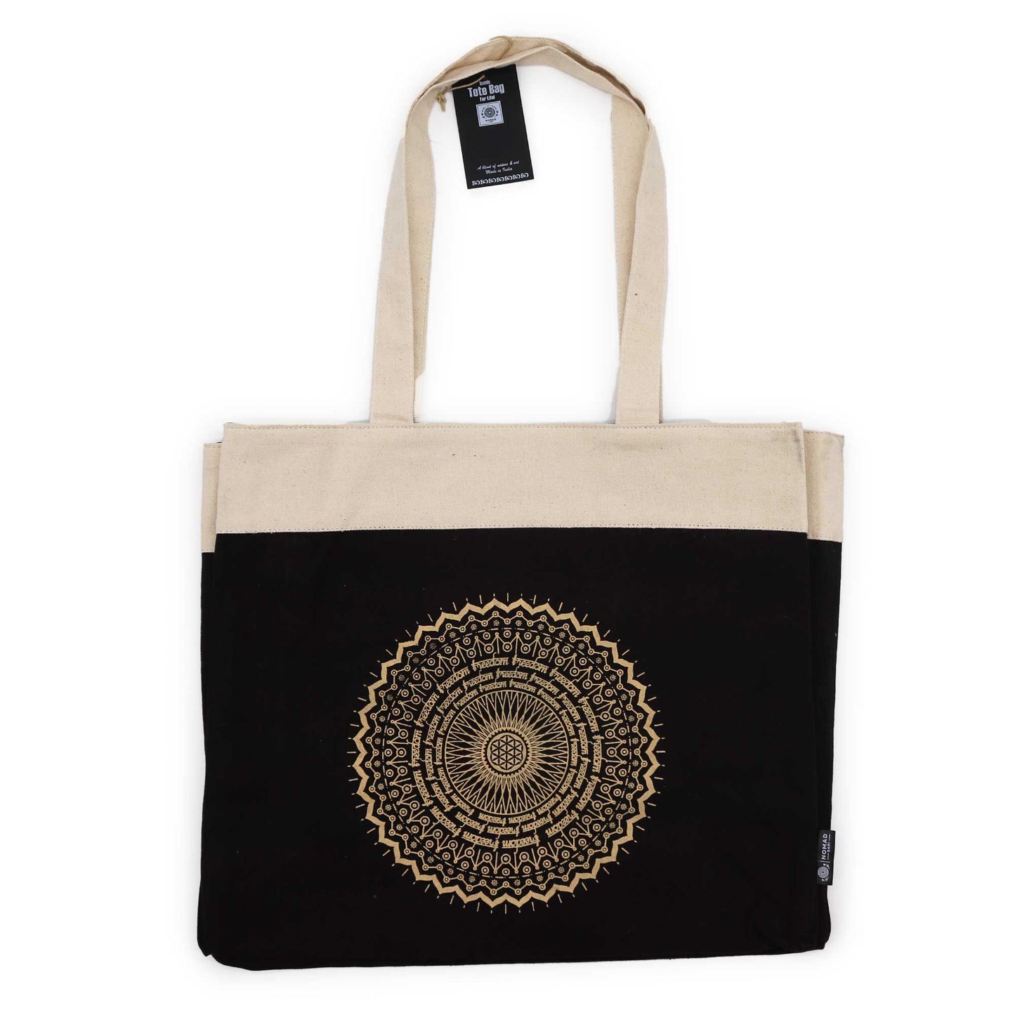 Oversized stonewashed blue cotton tote bag featuring a large gold mandala wheel print in a bohemian style.