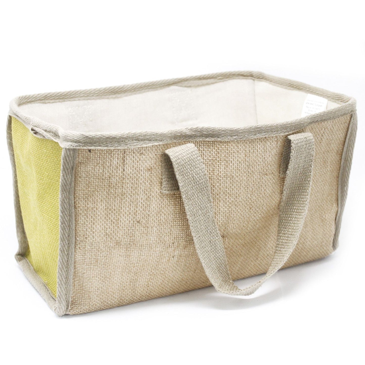 Large olive green woven jute shopping basket with soft sturdy handles and a clean cotton lining.