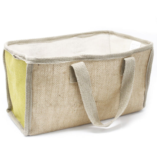 Large olive green woven jute shopping basket with soft sturdy handles and a clean cotton lining.
