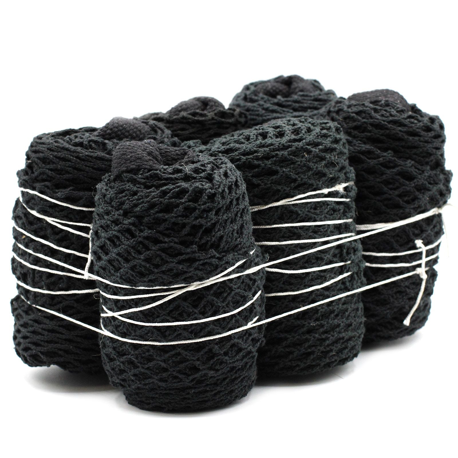 Close-up of a durable black cotton mesh bag with a woven texture and lightweight design.