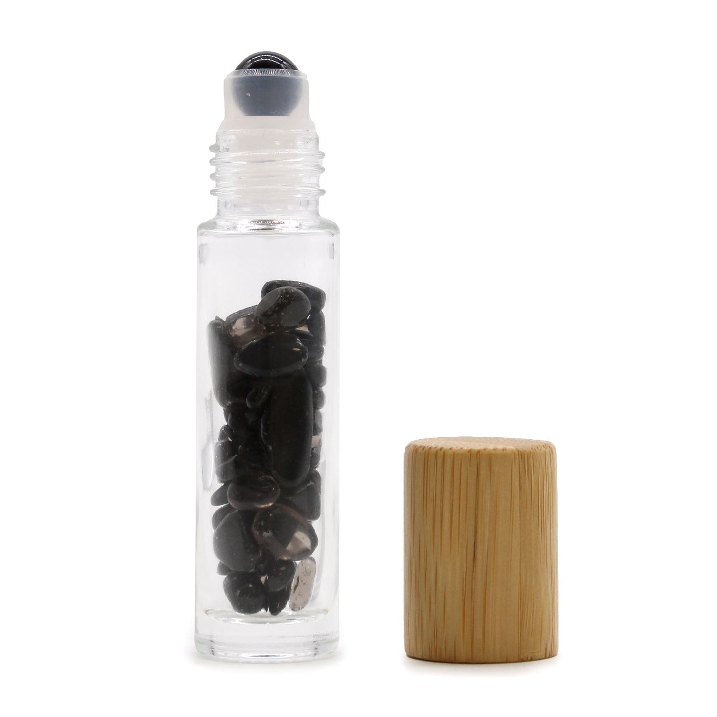 Clear glass roller bottle filled with black tourmaline gemstones, featuring a matching gemstone roller ball and wooden cap.