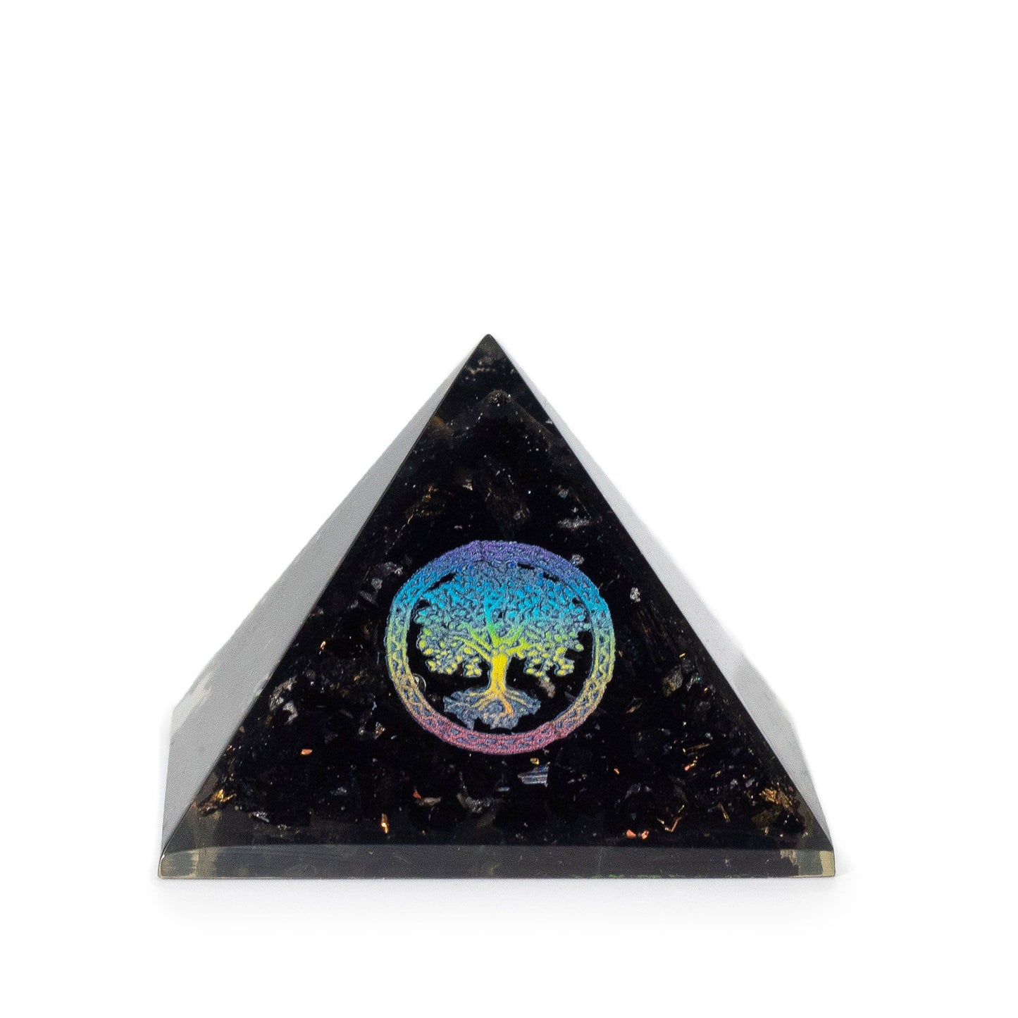 Small clear resin orgonite pyramid featuring black tourmaline chips and a golden Tree of Life symbol.