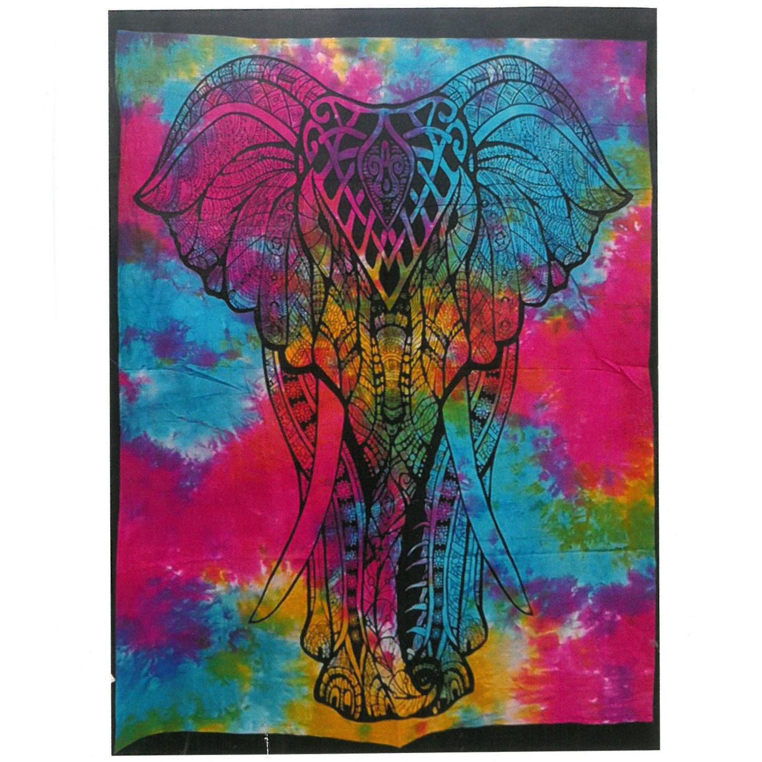 Large cotton wall hanging featuring a detailed black and white elephant design with vibrant exotic patterns.