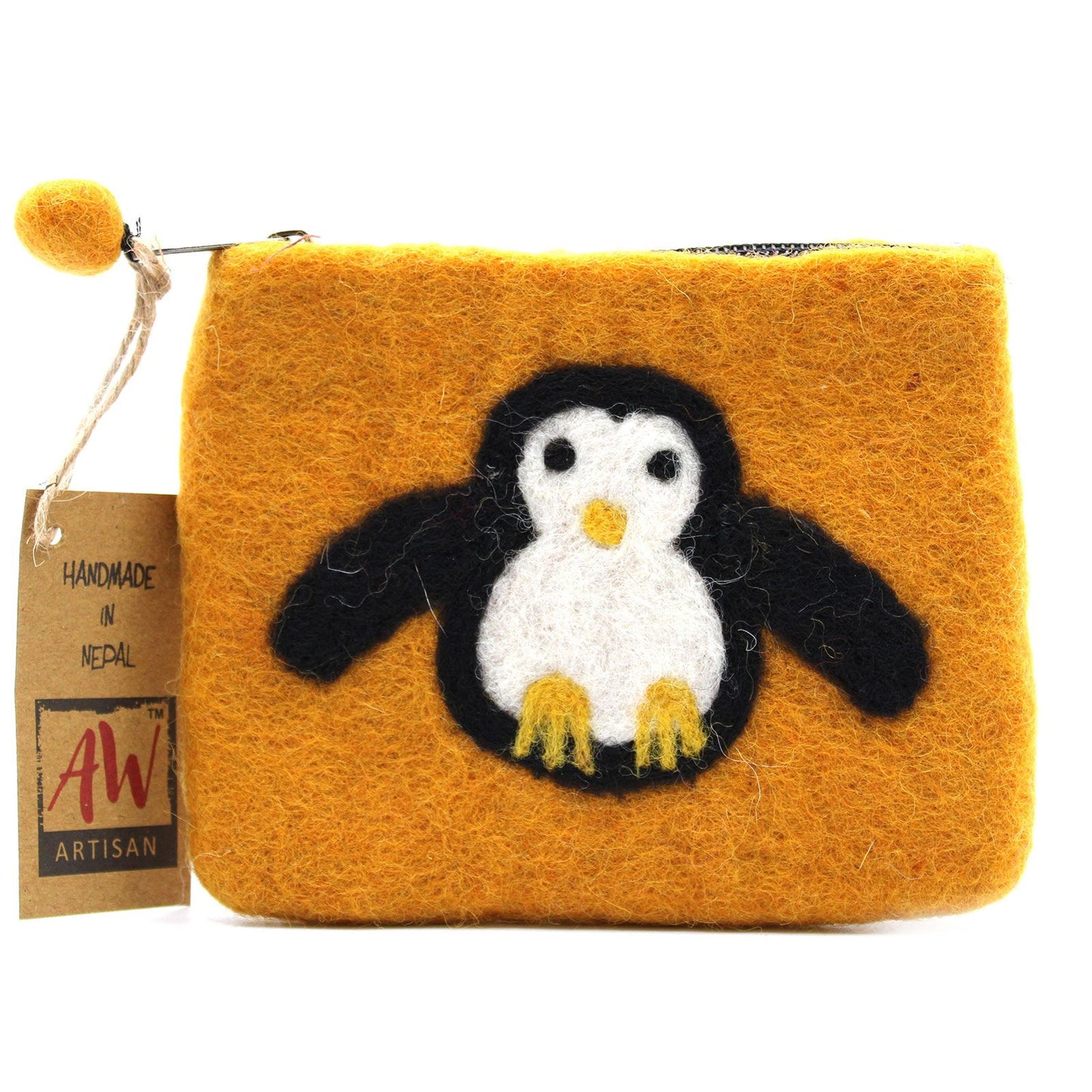 Handmade grey and white natural felt zipper pouch featuring a cute penguin design with a small yellow beak.