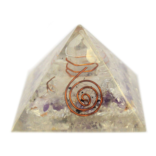 Medium orgonite pyramid featuring layers of colourful crystal gemchips and a copper coil encased in clear resin.