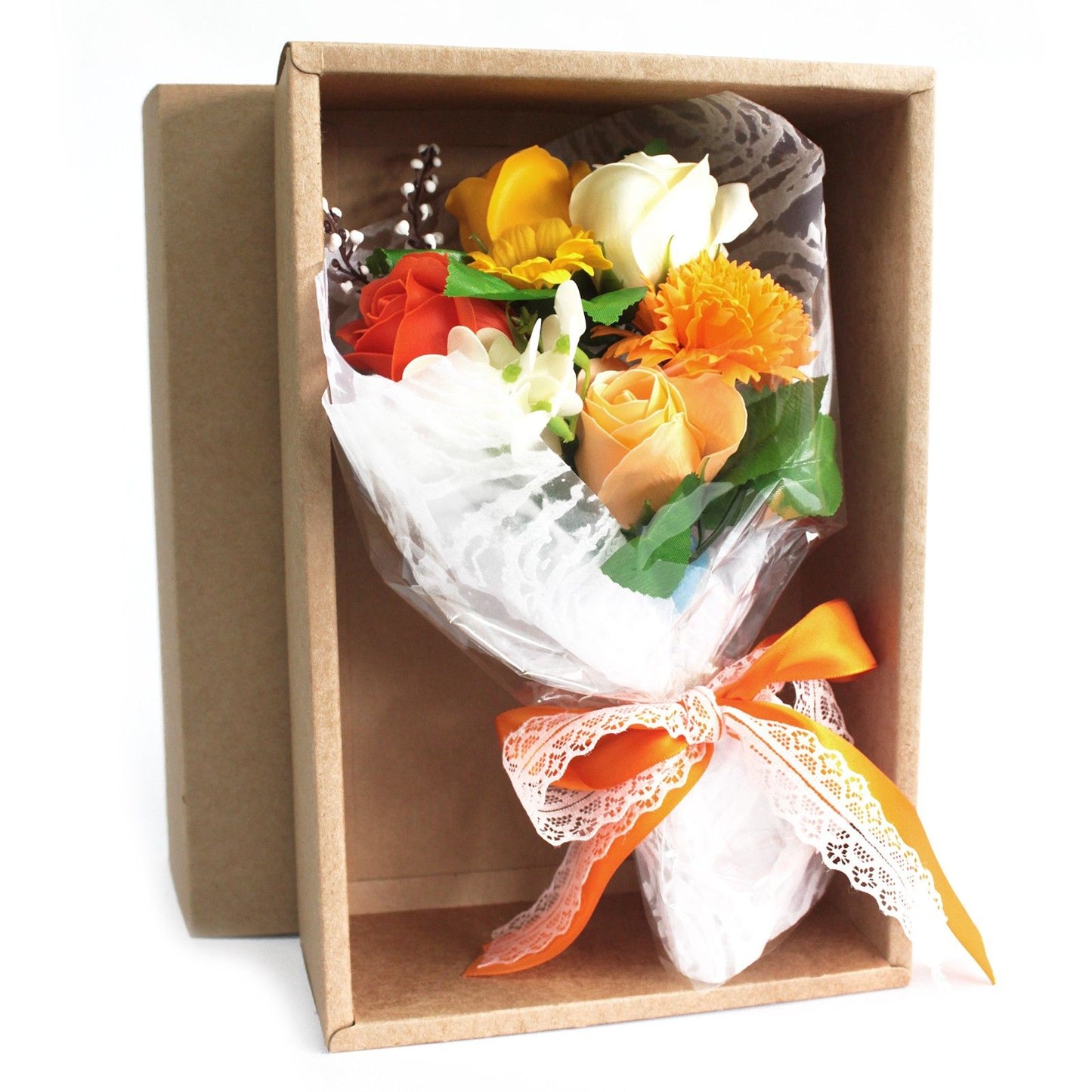 Elegant gift box containing realistic orange soap roses arranged in a decorative bouquet for bath time.