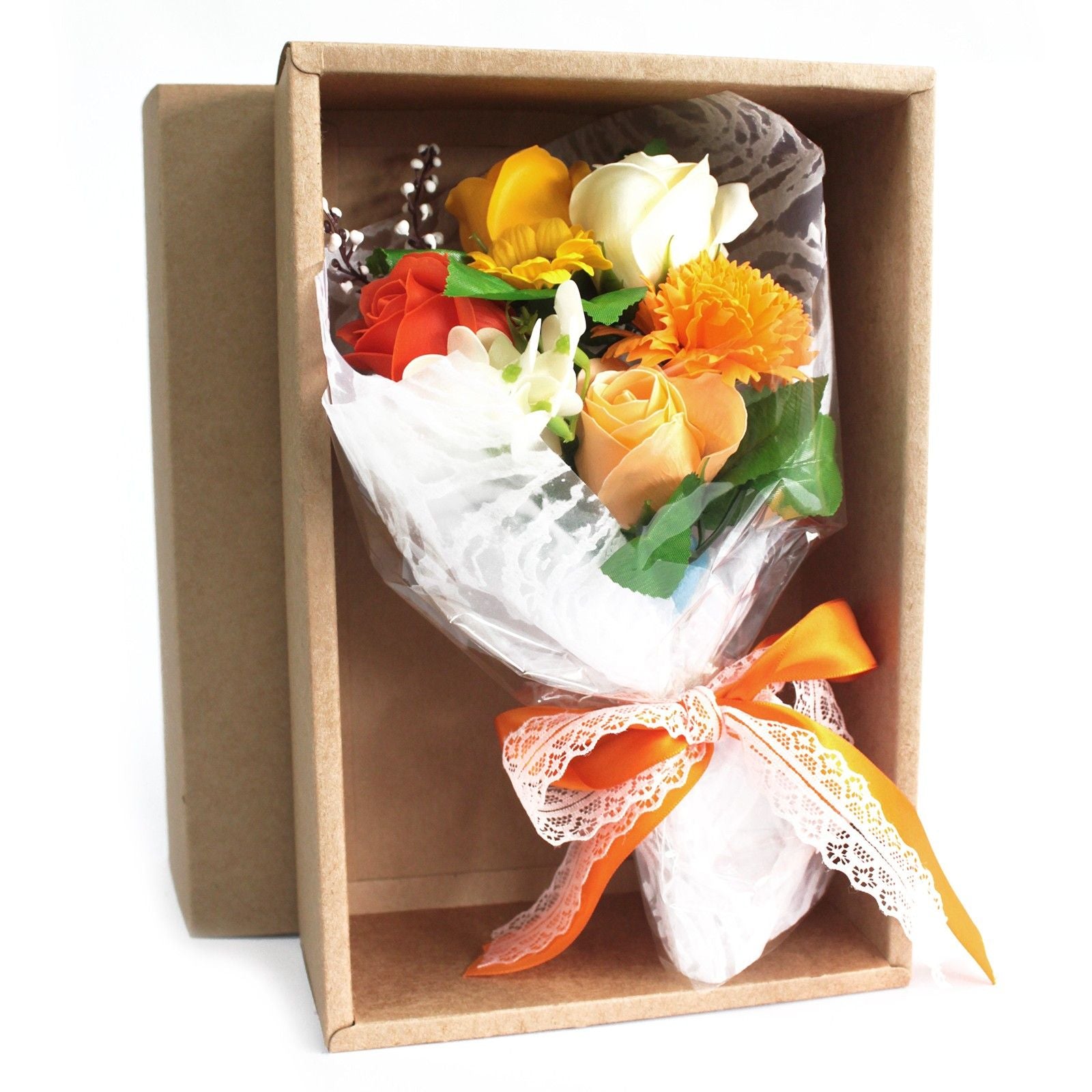 Elegant gift box containing realistic orange soap roses arranged in a decorative bouquet for bath time.