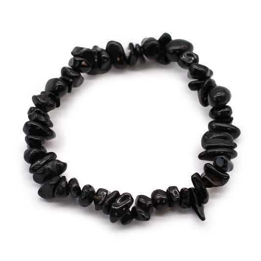 Handcrafted bracelet featuring polished black agate gemstone chips on a flexible elastic thread.