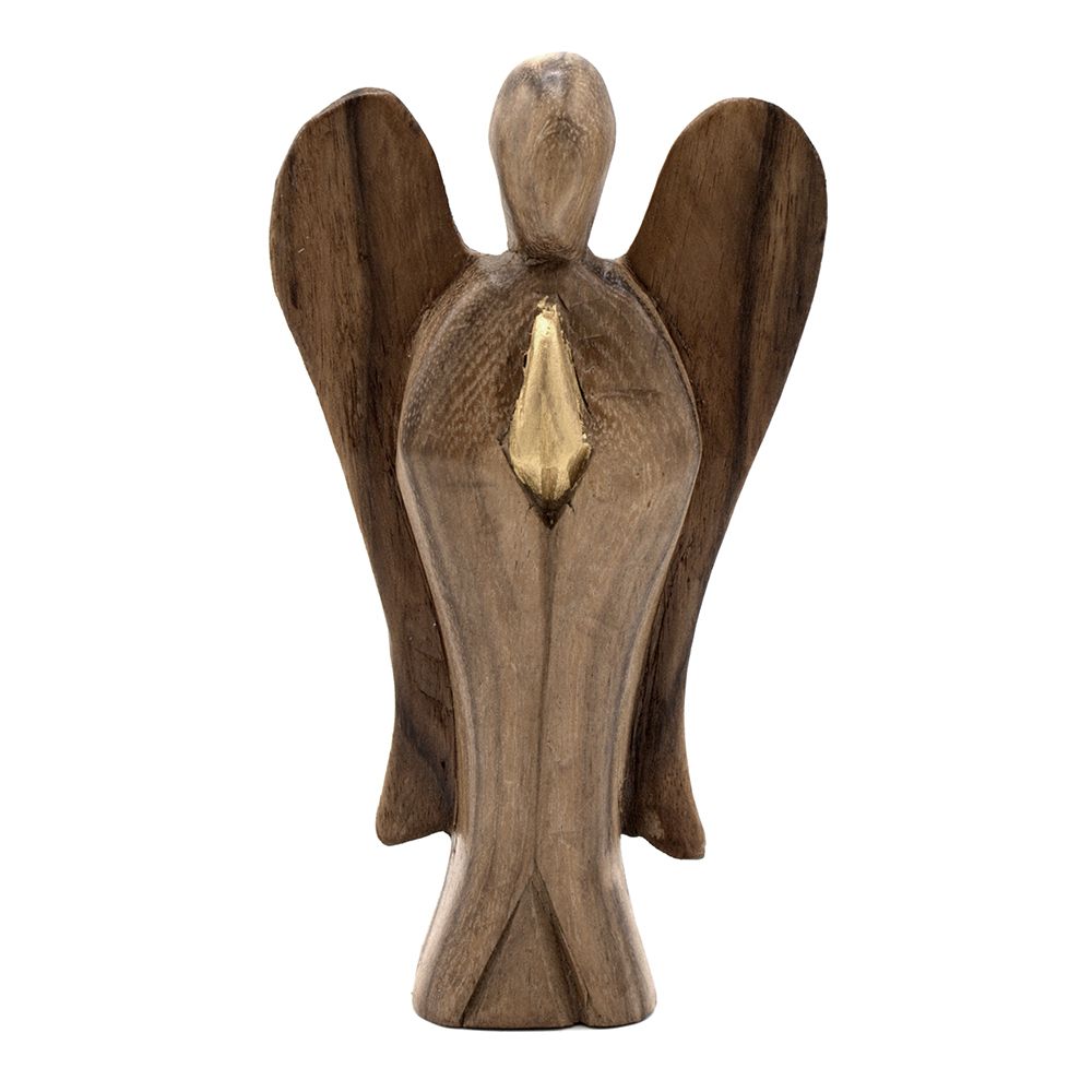Hand-carved wooden angel figurine with gold wings and hands folded in prayer, standing 15cm tall.