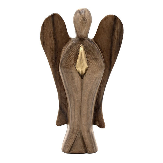 Hand-carved wooden angel figurine with gold wings and hands folded in prayer, standing 15cm tall.