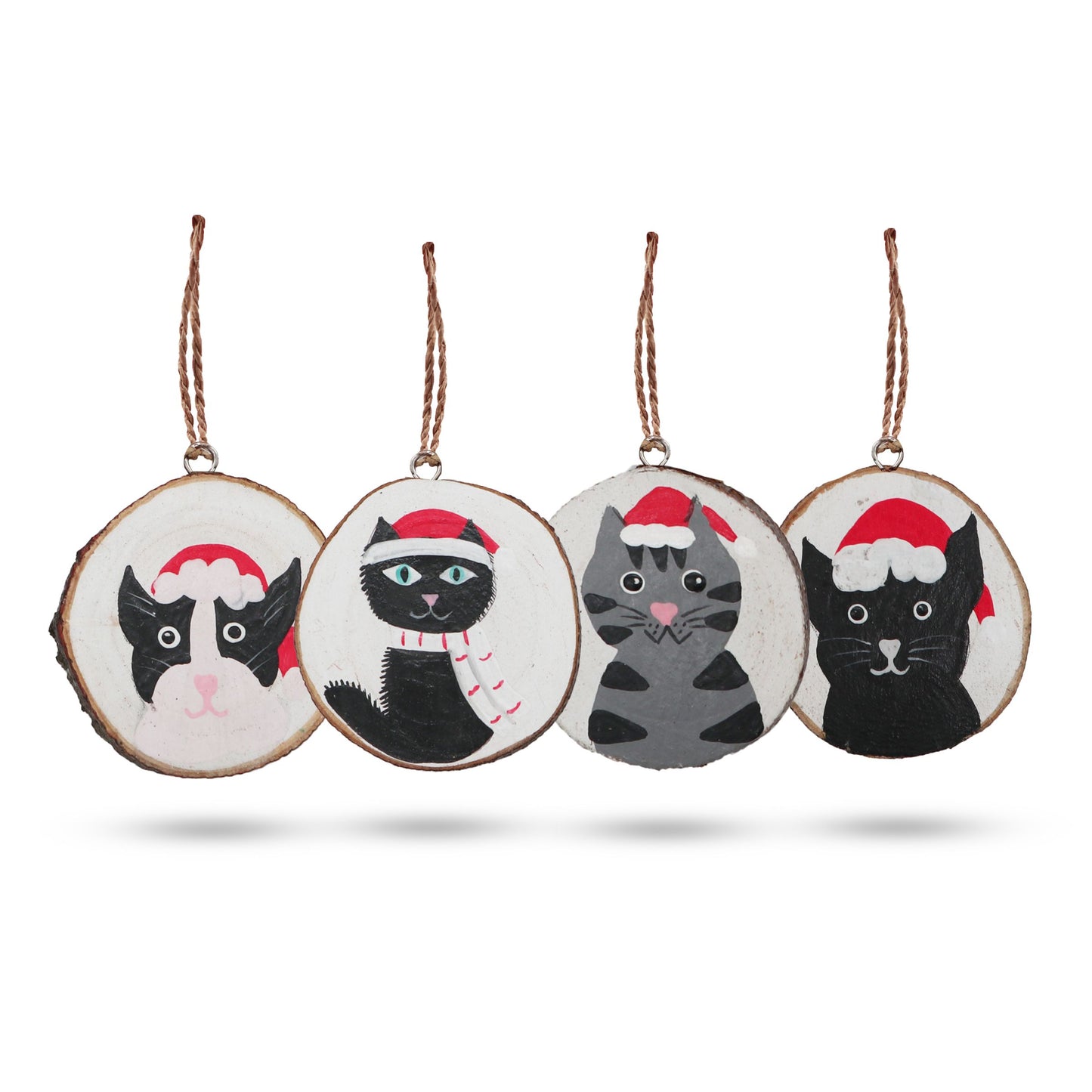 Set of four rustic wooden log slices featuring hand-painted festive cats with Christmas hats and seasonal designs.
