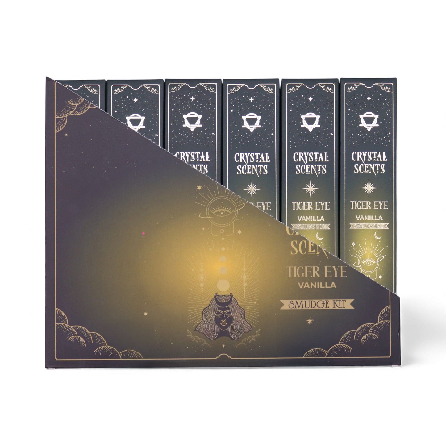Handcrafted vanilla smudge incense sticks featuring natural brown tiger eye crystal chipstones on a neutral background.