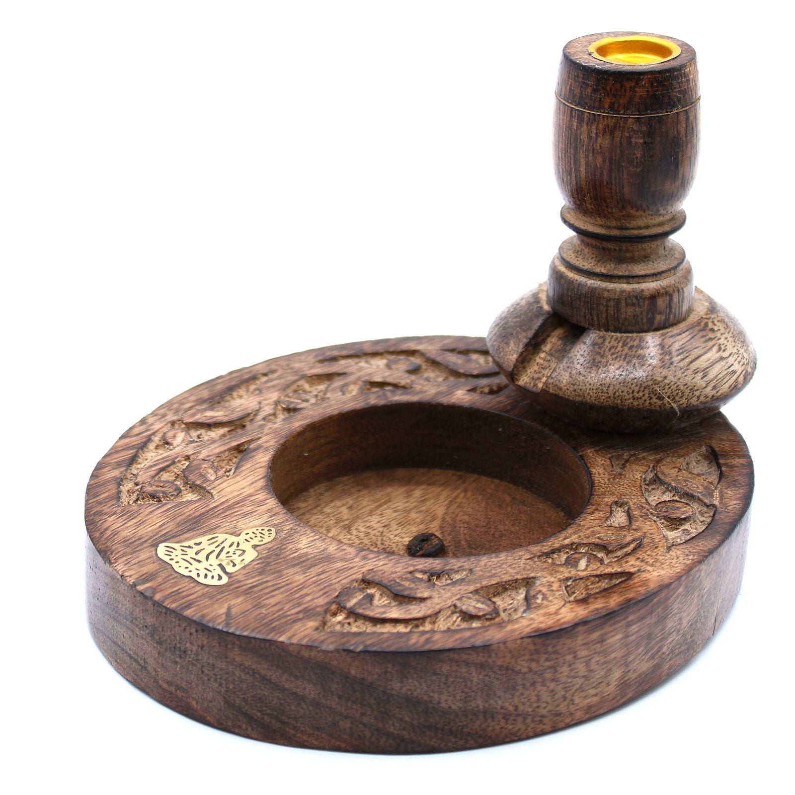Handcrafted mango wood backflow incense burner featuring a serene brass Buddha figure for waterfall smoke effects.