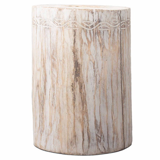Hand-carved whitewash Albasia wood stool featuring intricate tribal patterns and a rustic finish.