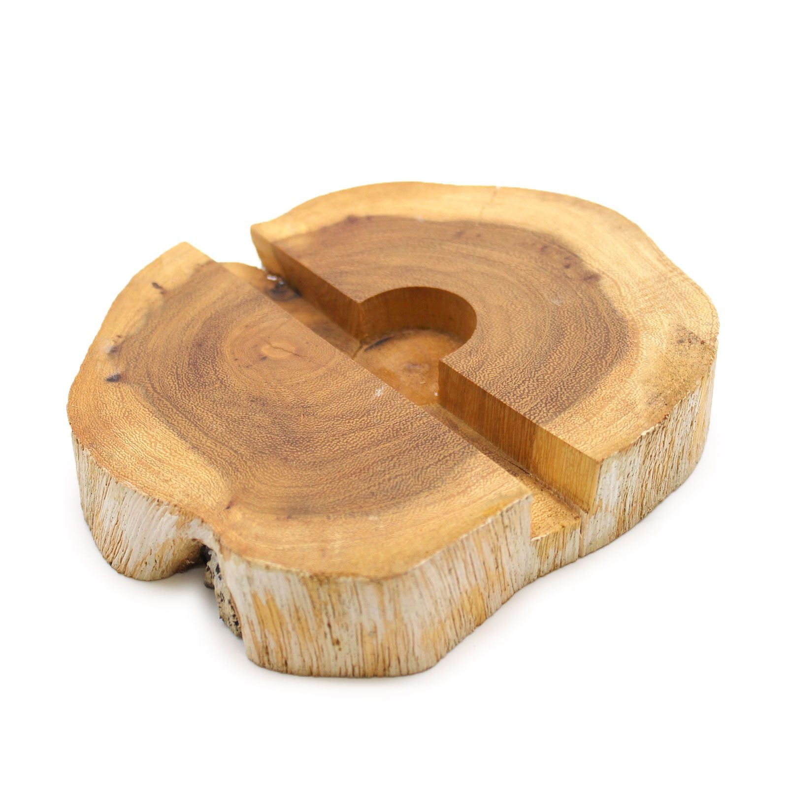 Handcrafted large Gamal wood phone holder with a rustic whitewash finish, shown on a neutral surface.