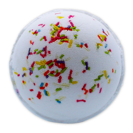 Round white bath bomb that releases a vibrant hidden rainbow of colours and a sweet floral peony fragrance in bath water.