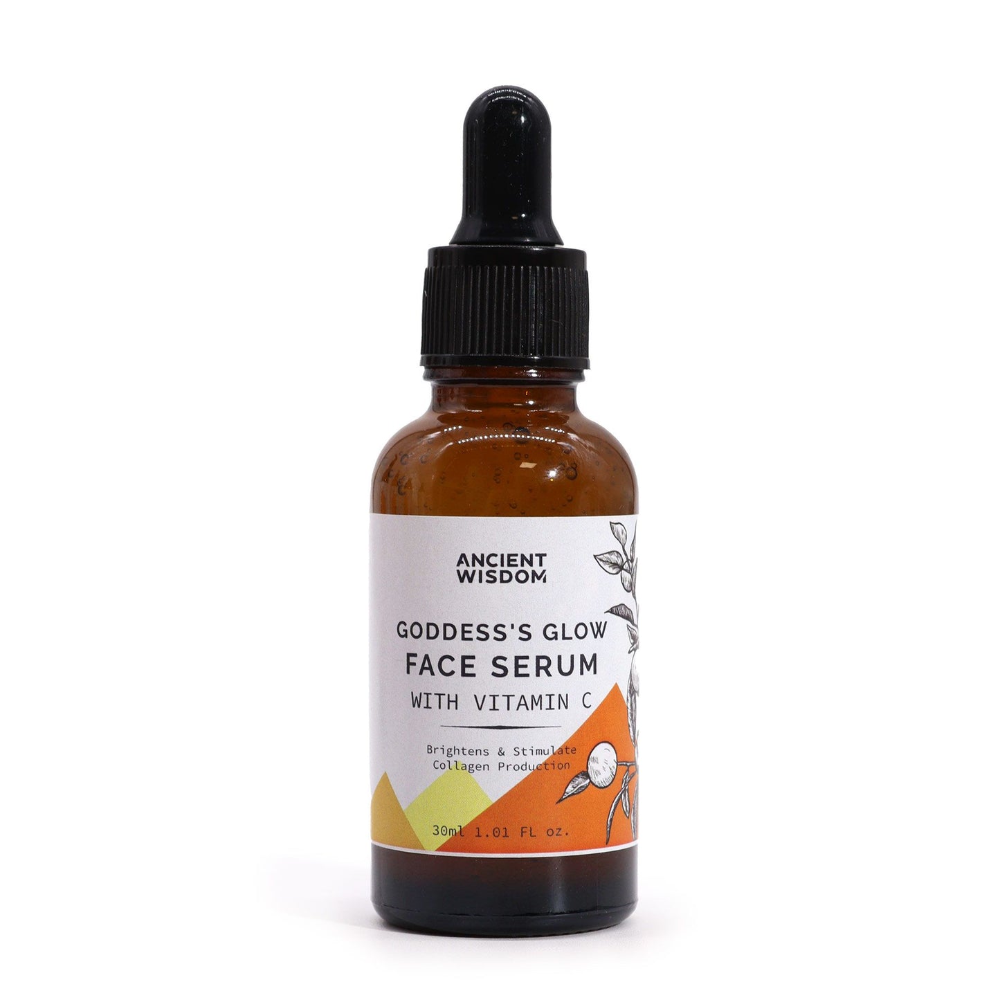 Clear glass dropper bottle containing a vibrant Vitamin C face serum for brightening and hydrating skin.