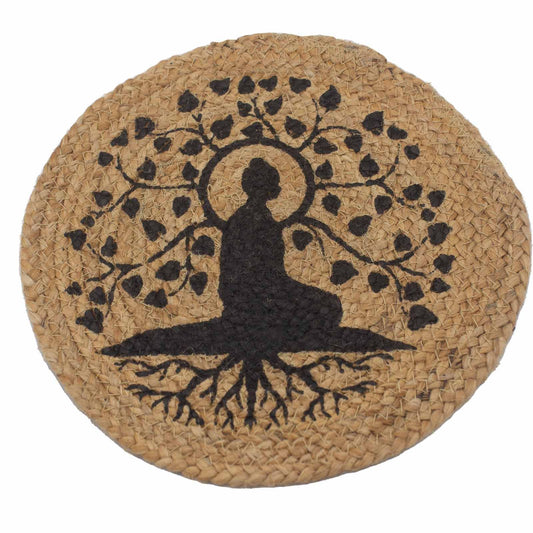 Round natural jute place mat featuring a black printed Bodhi Tree design in a rustic, minimalist style.