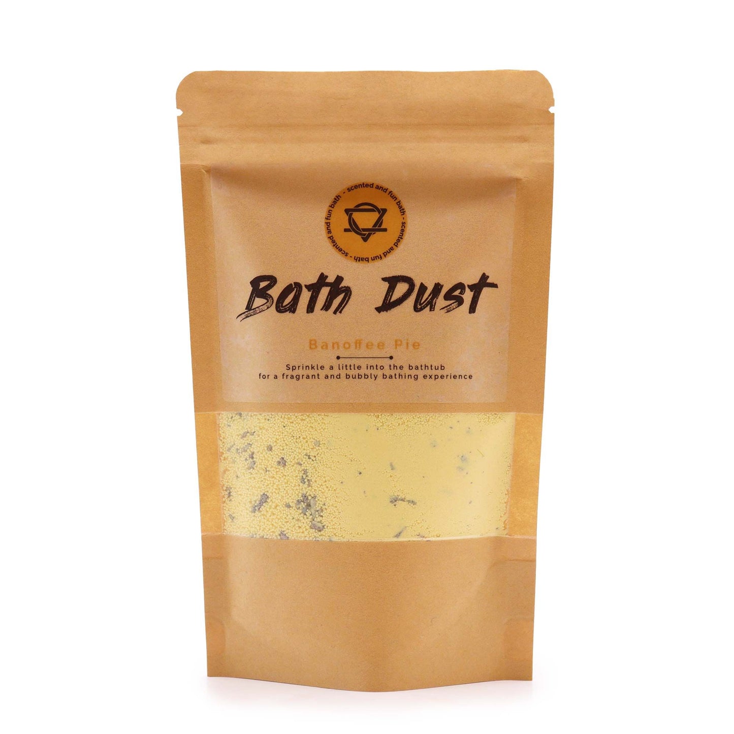 Coarse yellow and brown scented bath dust in a clear bag, resembling the colours of a banoffee pie.