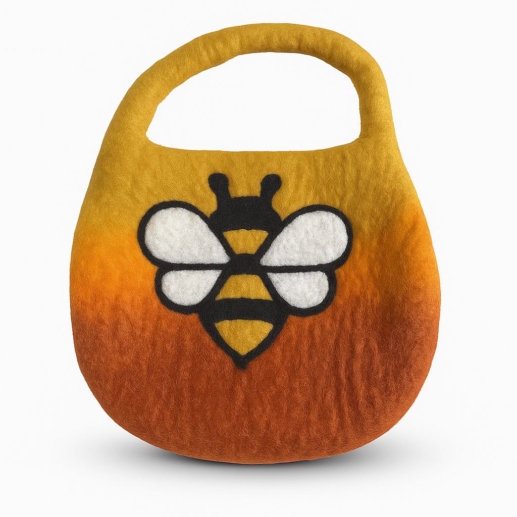 Handmade sunrise orange felted bag featuring a charming bee design and a single handle with magnetic closure.