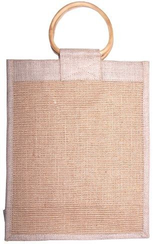 Sustainable triple jute gift bag with natural cane handles and a rustic textured finish.