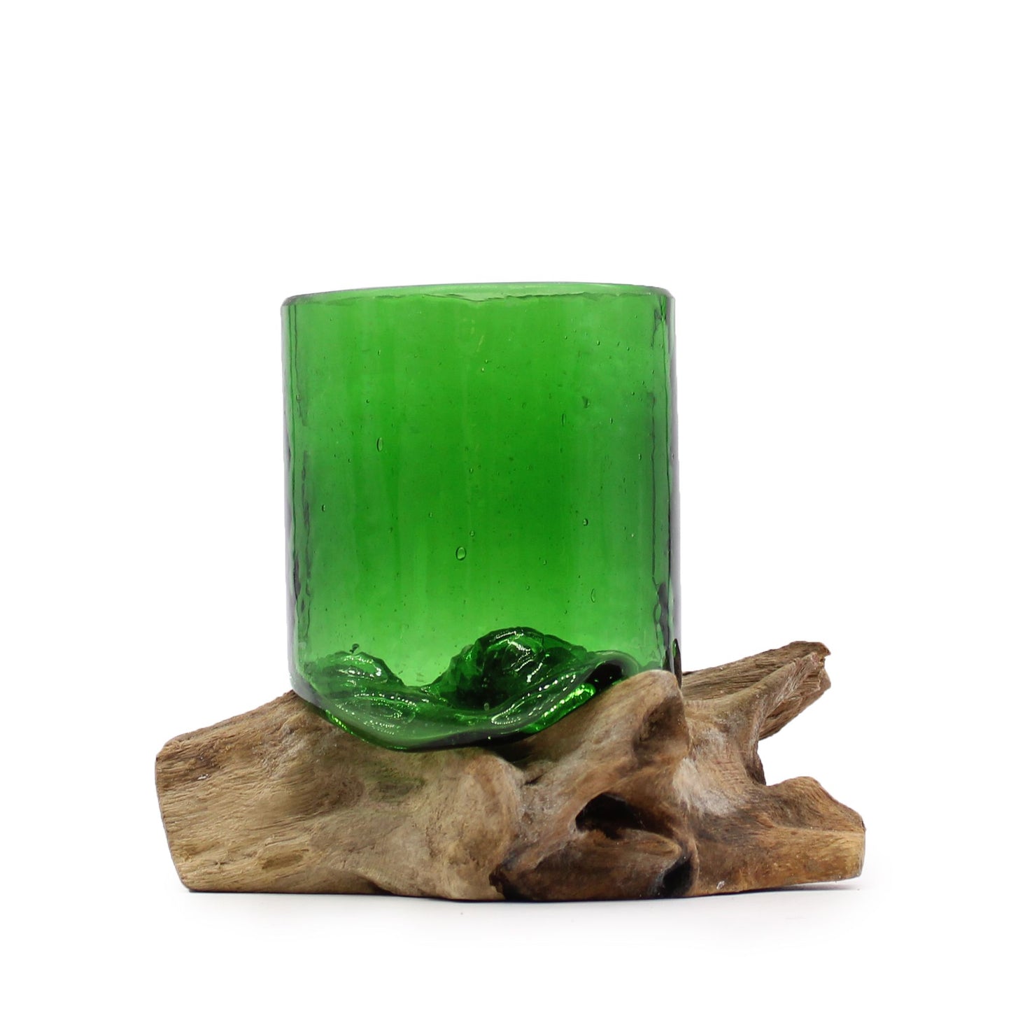 Handcrafted recycled green glass beer bottle melted over a natural driftwood base to form a unique glass.